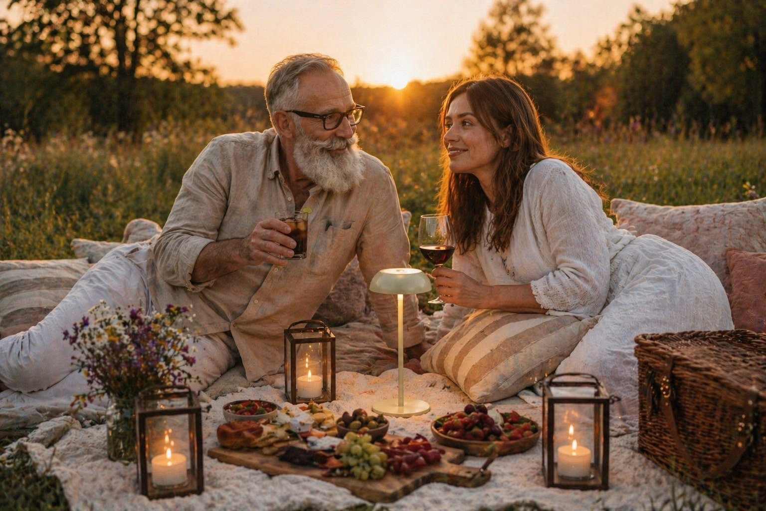 Romantik dış mekan pikniği, atmosferik aydınlatmayla